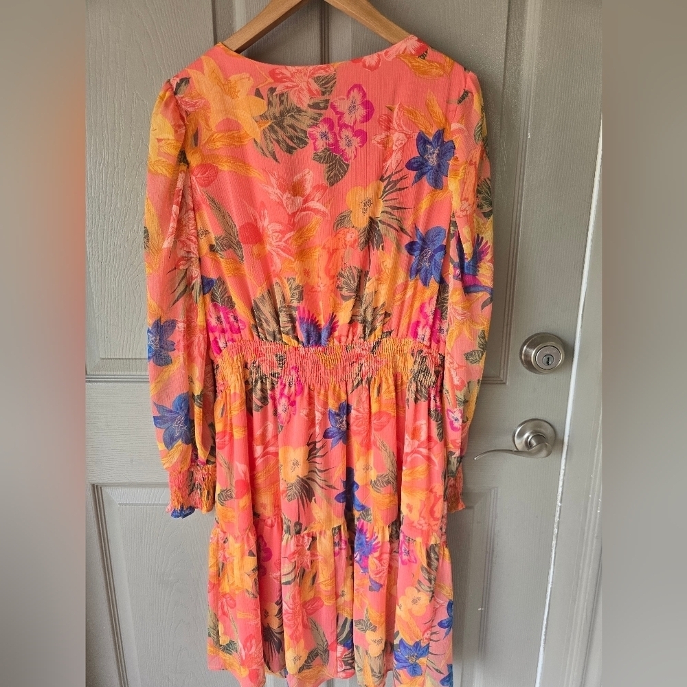 Anne Klein Floral Dress Sz 14 Women Long Sleeve Tiered Smocked Waist Fit Flare - Picture 14 of 15